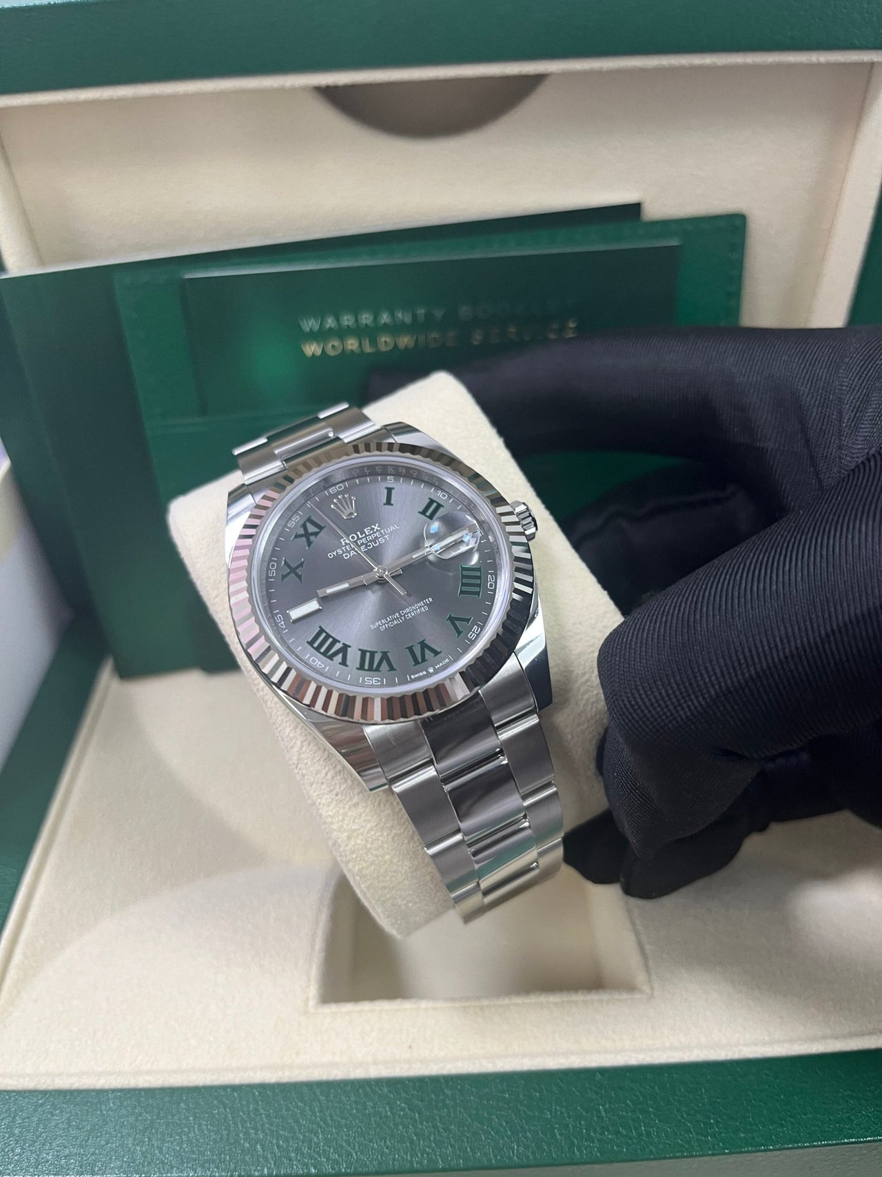 Rolex Datejust 41 Grey Slate Wimbledon Green Roman Dial Oyster Bracelet 126334 - WatchesOff5th