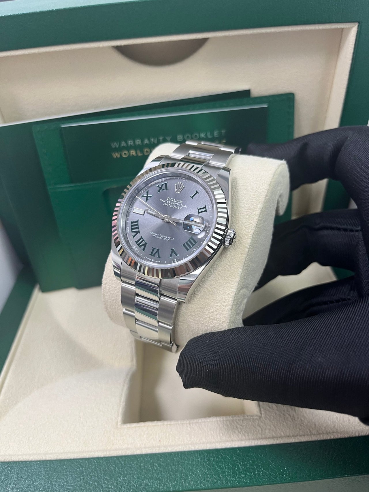 Rolex Datejust 41 Grey Slate Wimbledon Green Roman Dial Oyster Bracelet 126334 - WatchesOff5th