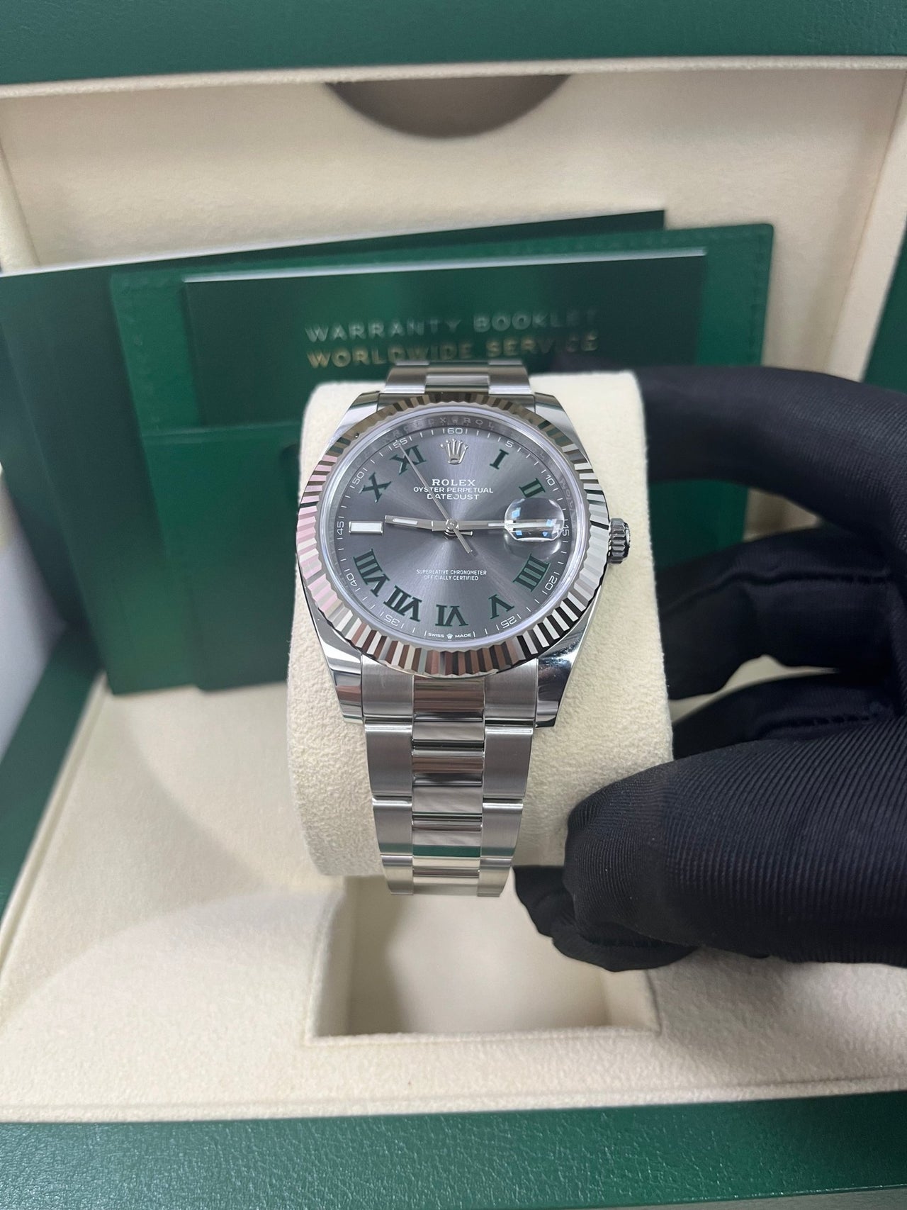 Rolex Datejust 41 Grey Slate Wimbledon Green Roman Dial Oyster Bracelet 126334 - WatchesOff5th