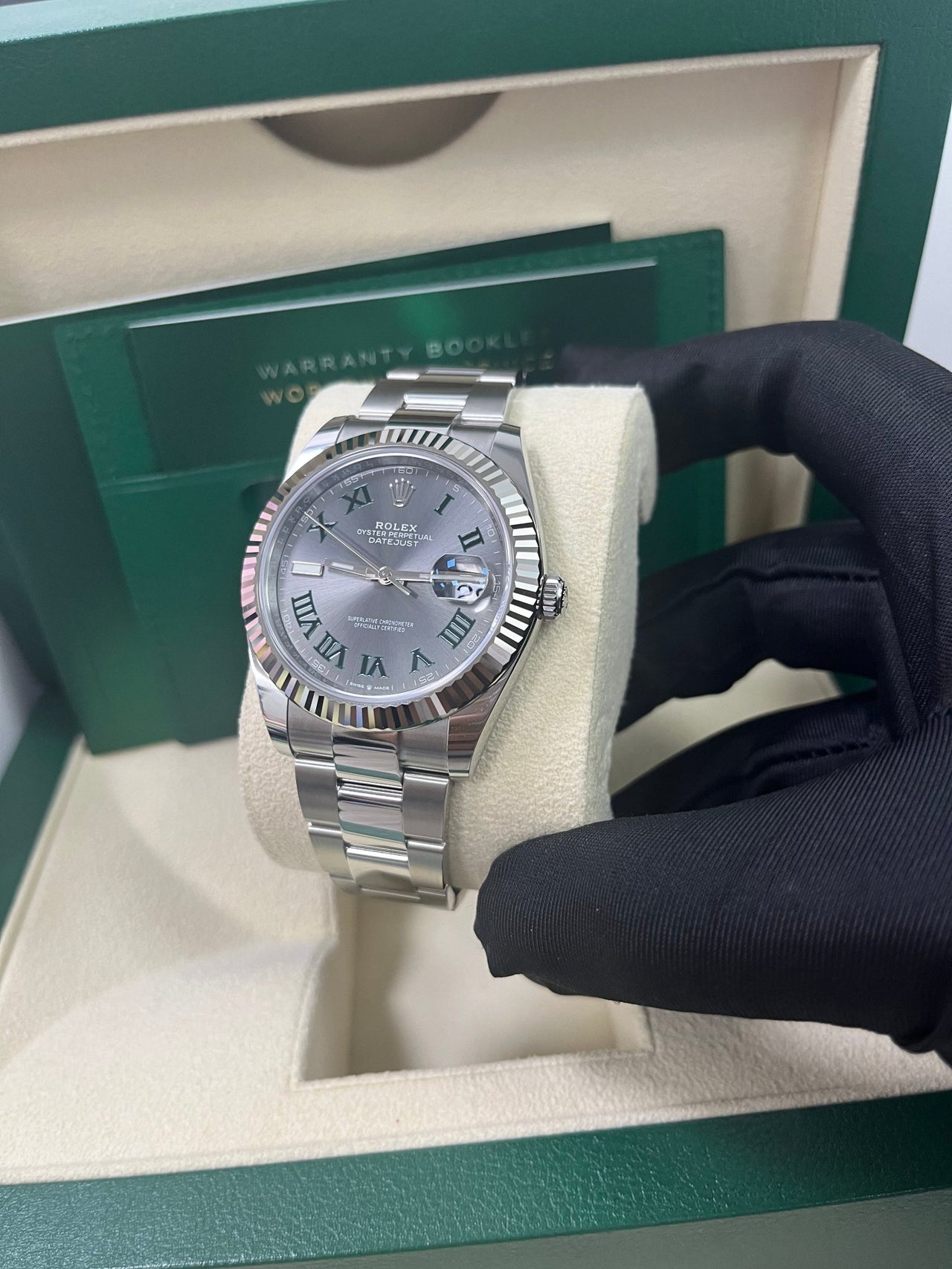 Rolex Datejust 41 Grey Slate Wimbledon Green Roman Dial Oyster Bracelet 126334 - WatchesOff5th