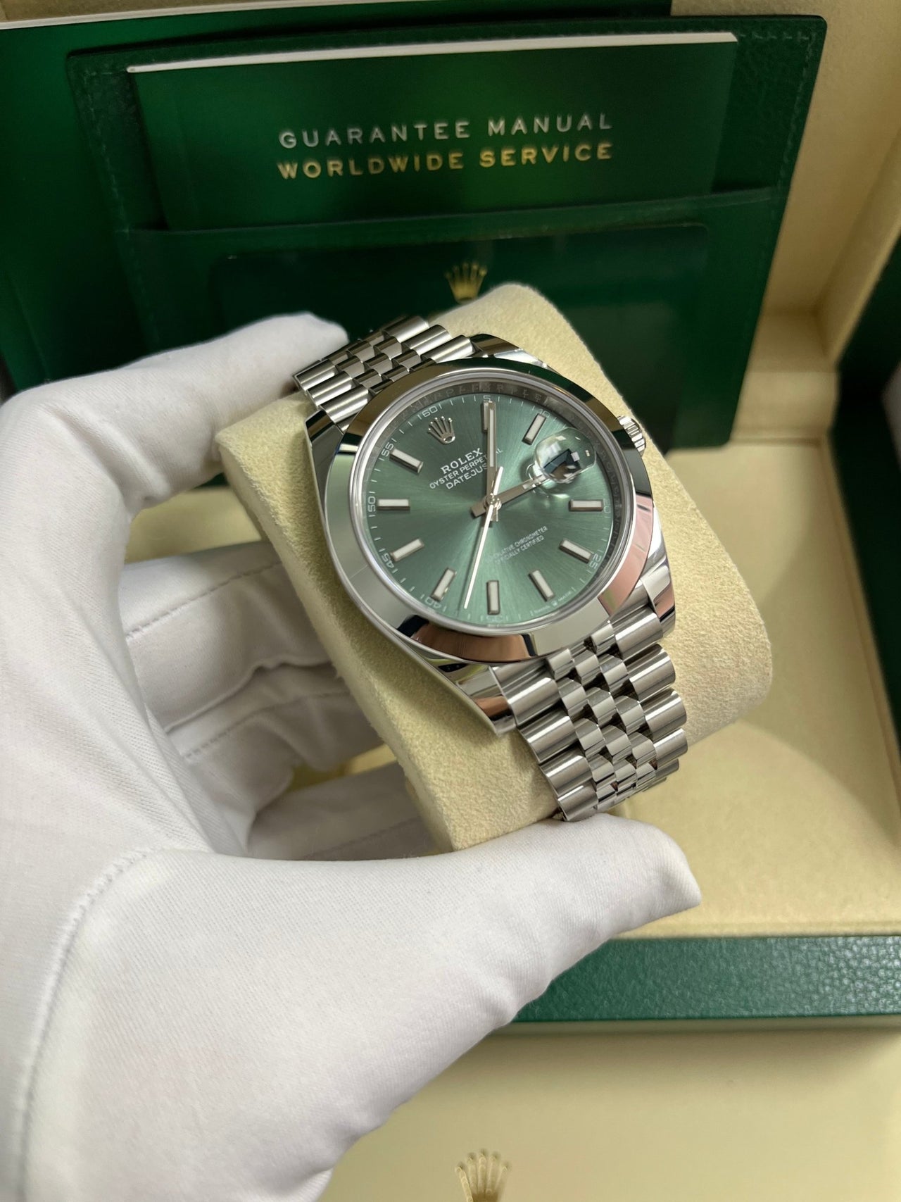 Rolex Datejust 41 Smooth Bezel Mint Green Index Dial Jubilee Bracelet 126300 - WatchesOff5th