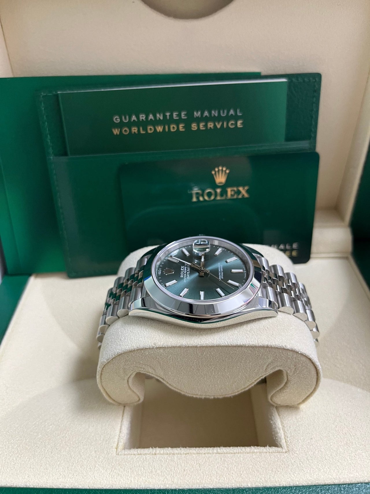 Rolex Datejust 41 Smooth Bezel Mint Green Index Dial Jubilee Bracelet WatchesOff5th