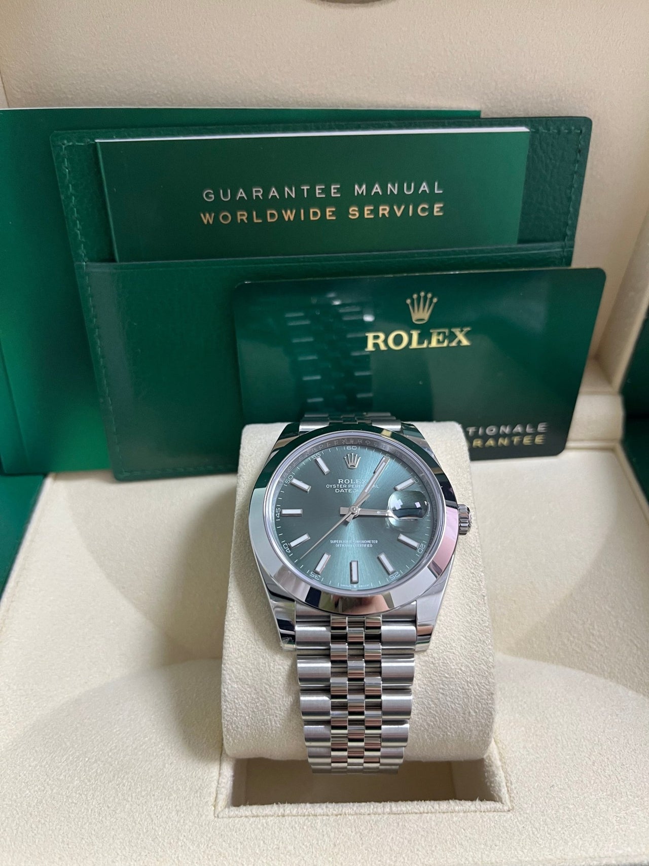 Rolex Datejust 41 Smooth Bezel Mint Green Index Dial Jubilee Bracelet 126300 - WatchesOff5th