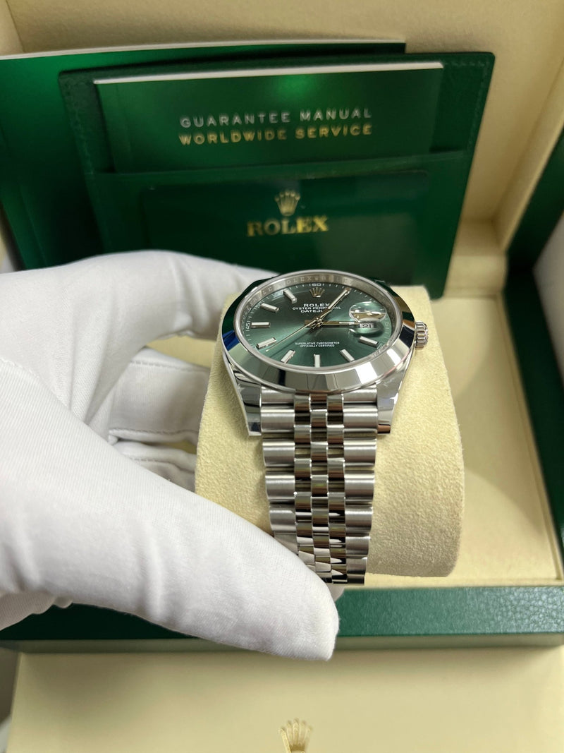 Rolex Datejust 41 Smooth Bezel Mint Green Index Dial Jubilee Bracelet 126300 - WatchesOff5th