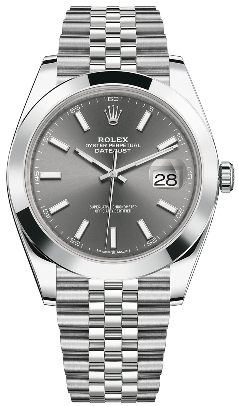 Rolex Datejust 41/ Stainless Steel/ Dark Rhodium Index Dial/ Smooth Bezel (Ref# 126300) - WatchesOff5thWatch