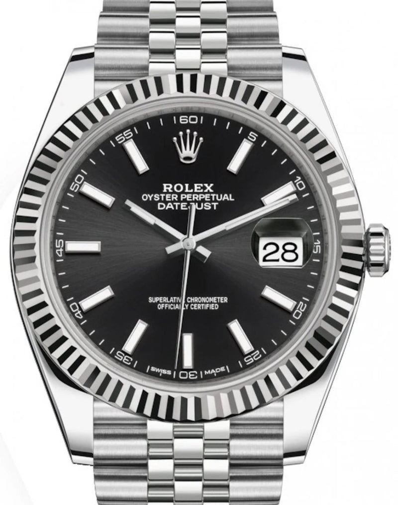 Rolex Datejust 41 Stainless Steel & White Gold - Black Index Dial - Fluted Bezel Jubilee Bracelet (Ref# 126334) - WatchesOff5thWatch
