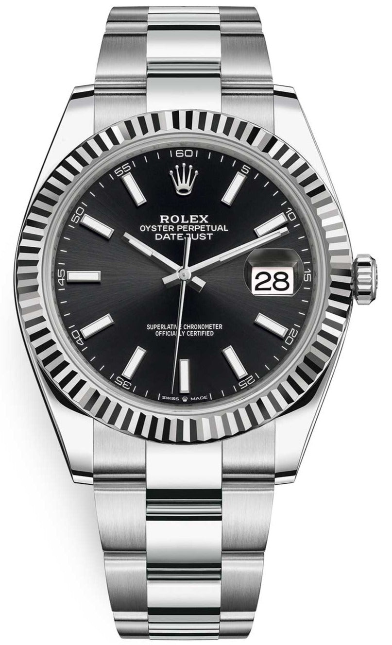Rolex Datejust 41 Stainless Steel & White Gold - Black Index Dial - Fluted Bezel (Ref# 126334) - WatchesOff5thWatch