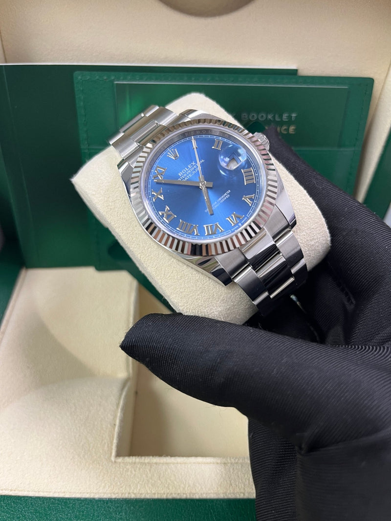 Rolex Datejust 41 Stainless Steel & White Gold Blue Roman Dial Oyster 126334 - WatchesOff5th
