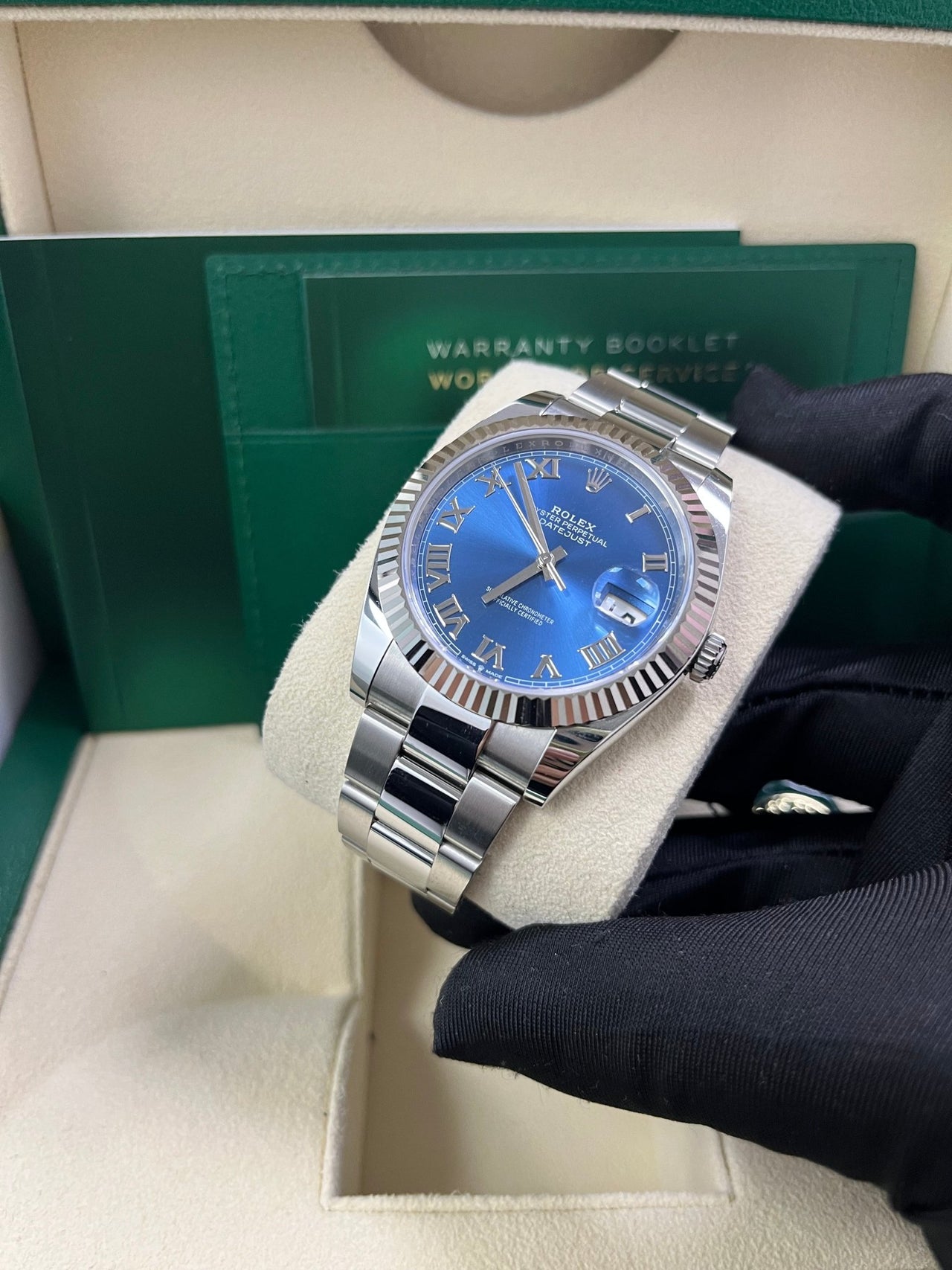 Rolex Datejust 41 Stainless Steel & White Gold Blue Roman Dial Oyster 126334 - WatchesOff5th