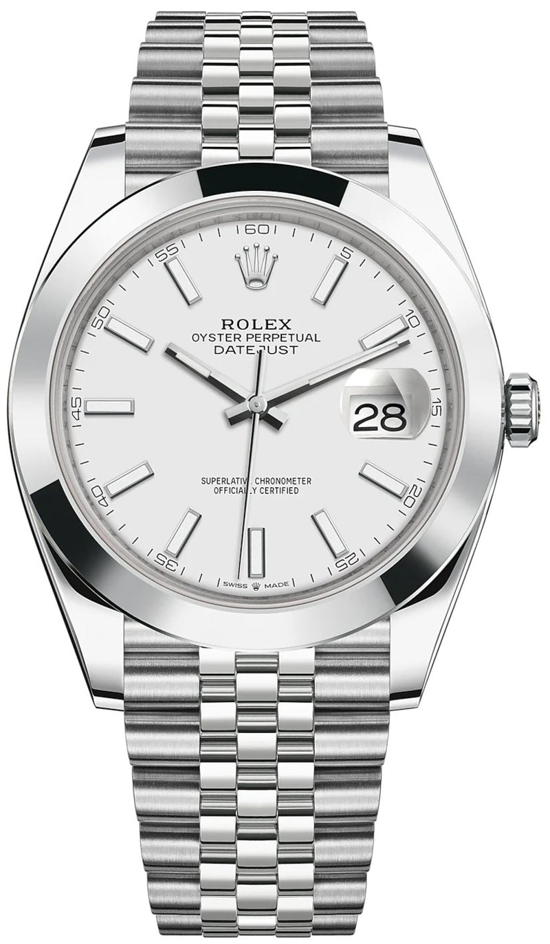 Rolex Datejust 41/ Stainless Steel/ White Index Dial/ Smooth Bezel/ Jubilee Bracelet (Ref# 126300) - WatchesOff5thWatch