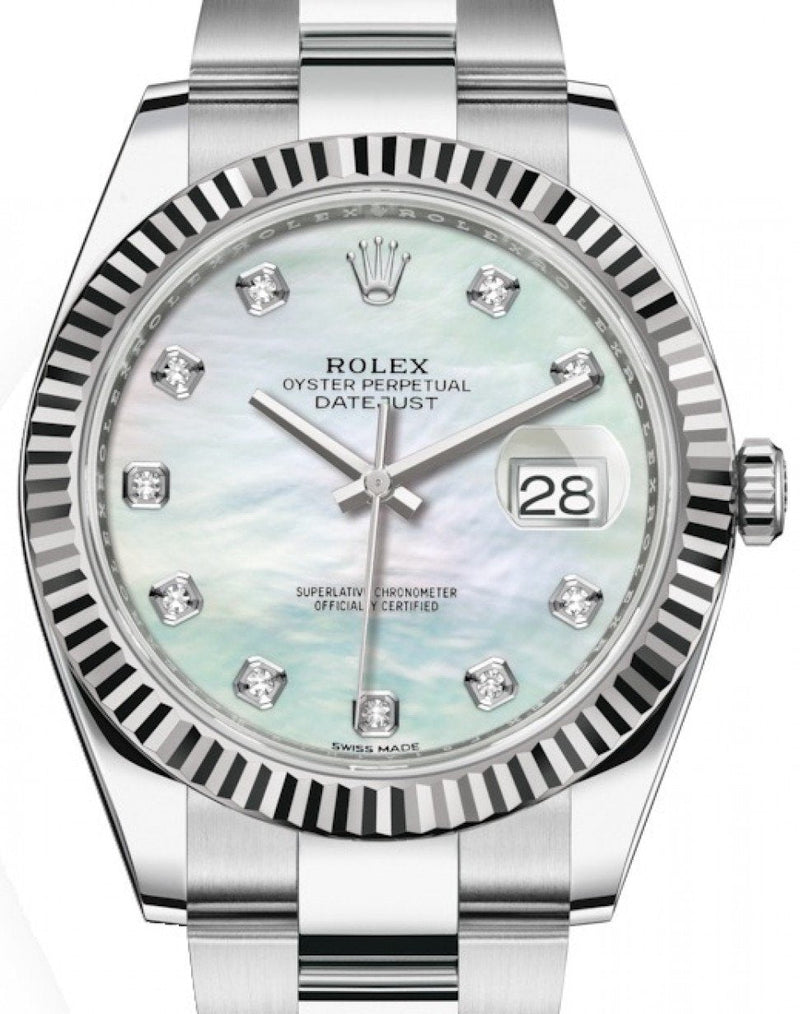 Rolex Datejust 41/ Two-Tone 18k White Gold & Steel/ Mother of Pearl Diamond Dial/ Oyster Bracelet (Ref# 126334) - WatchesOff5thWatch