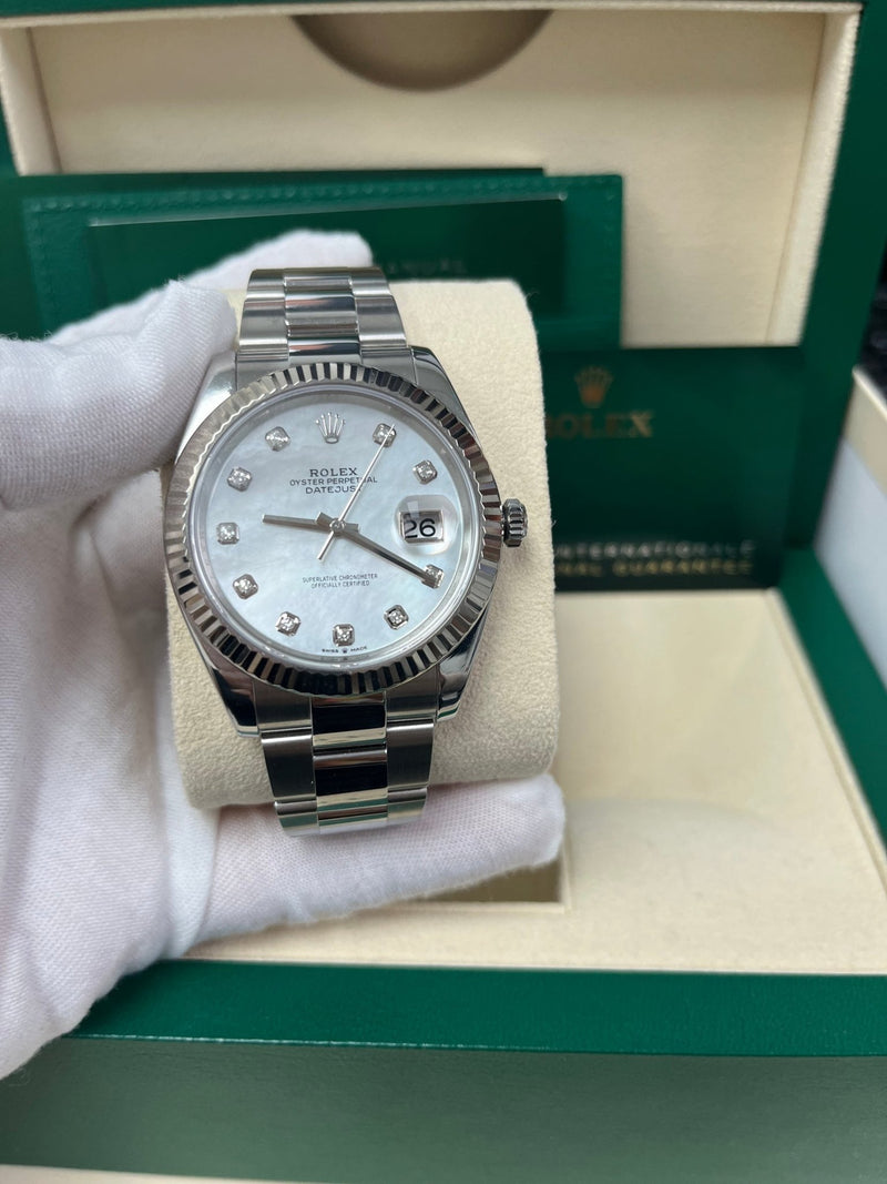 Rolex Datejust 41/ Two-Tone 18k White Gold & Steel/ Mother of Pearl Diamond Dial/ Oyster Bracelet (Ref# 126334) - WatchesOff5thWatch
