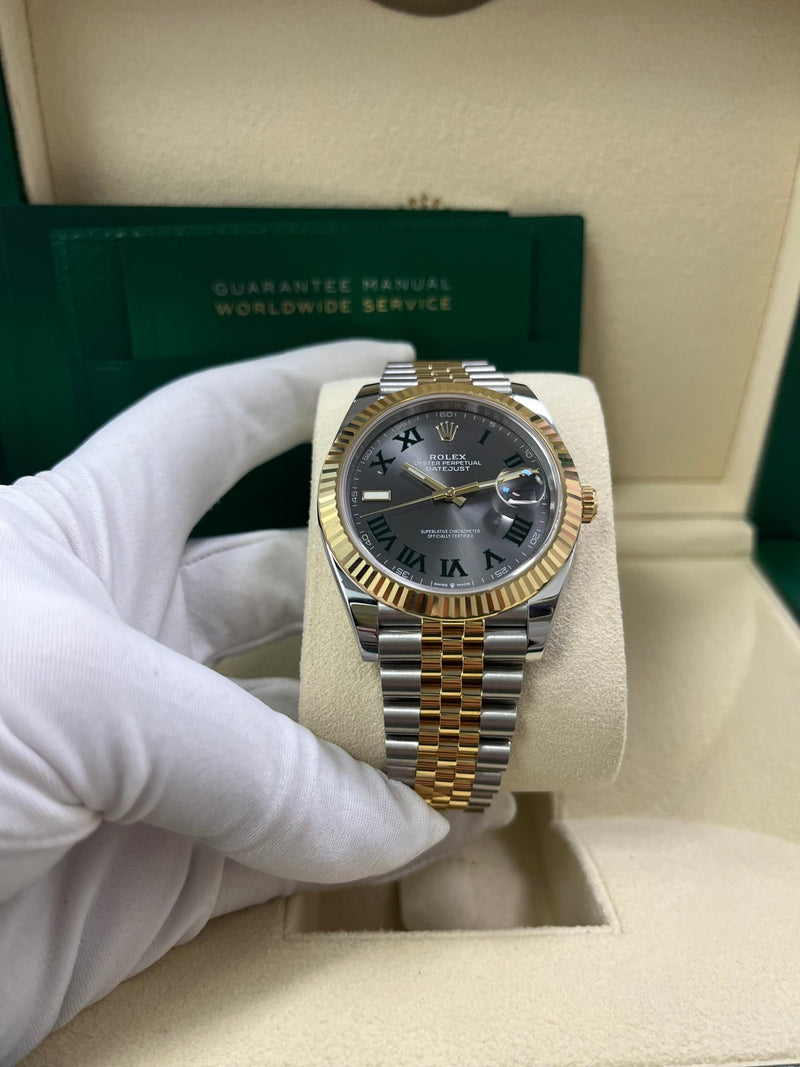 Rolex Datejust 41 Two-Tone Yellow Gold & Stainless Steel - Grey Slate Roman Wimbledon Dial - Fluted Bezel - Jubilee Bracelet (Ref# 126333) - WatchesOff5thWatch