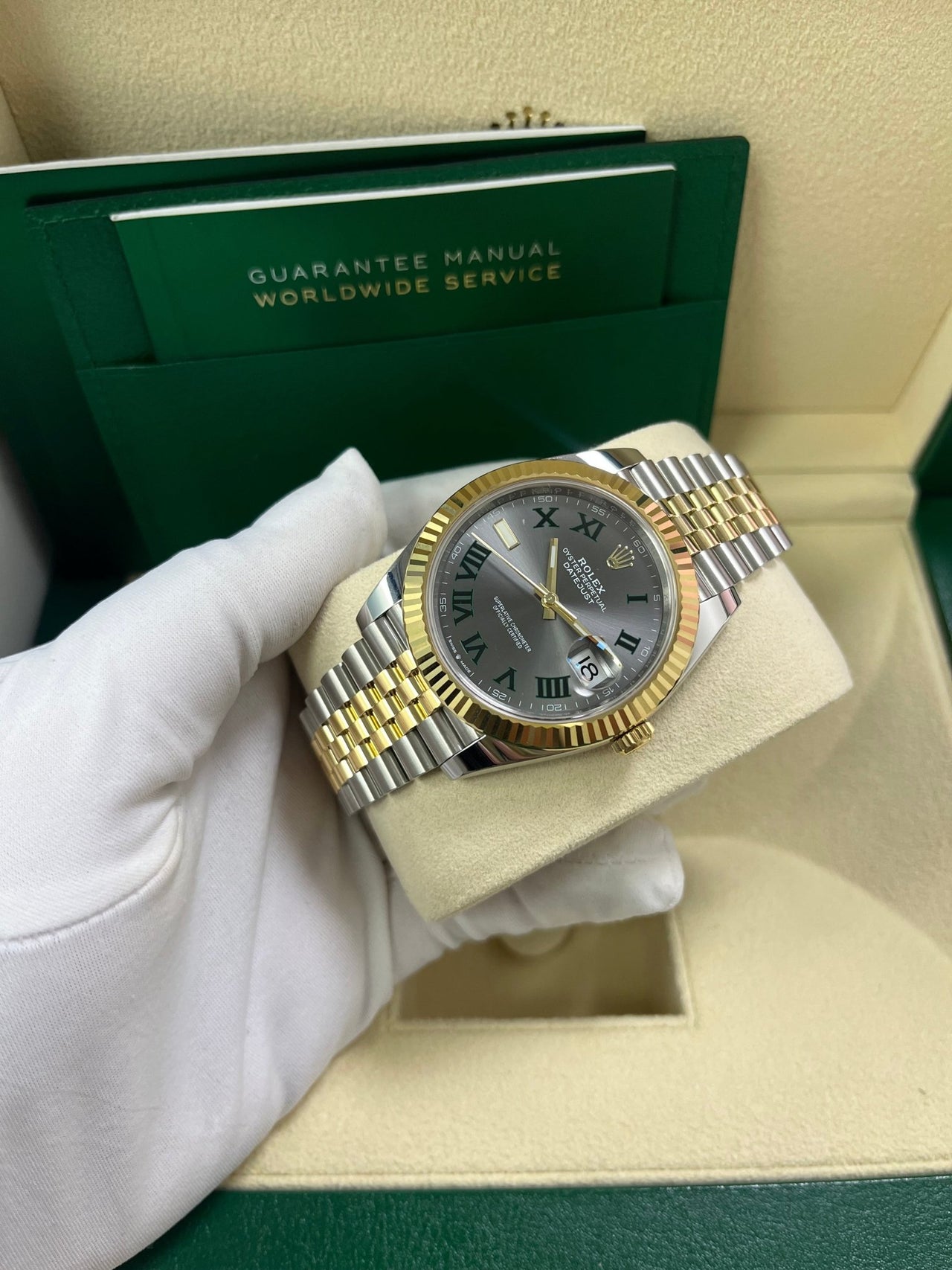 Rolex Datejust 41 Two-Tone Yellow Gold & Stainless Steel - Grey Slate Roman Wimbledon Dial - Fluted Bezel - Jubilee Bracelet (Ref# 126333) - WatchesOff5thWatch