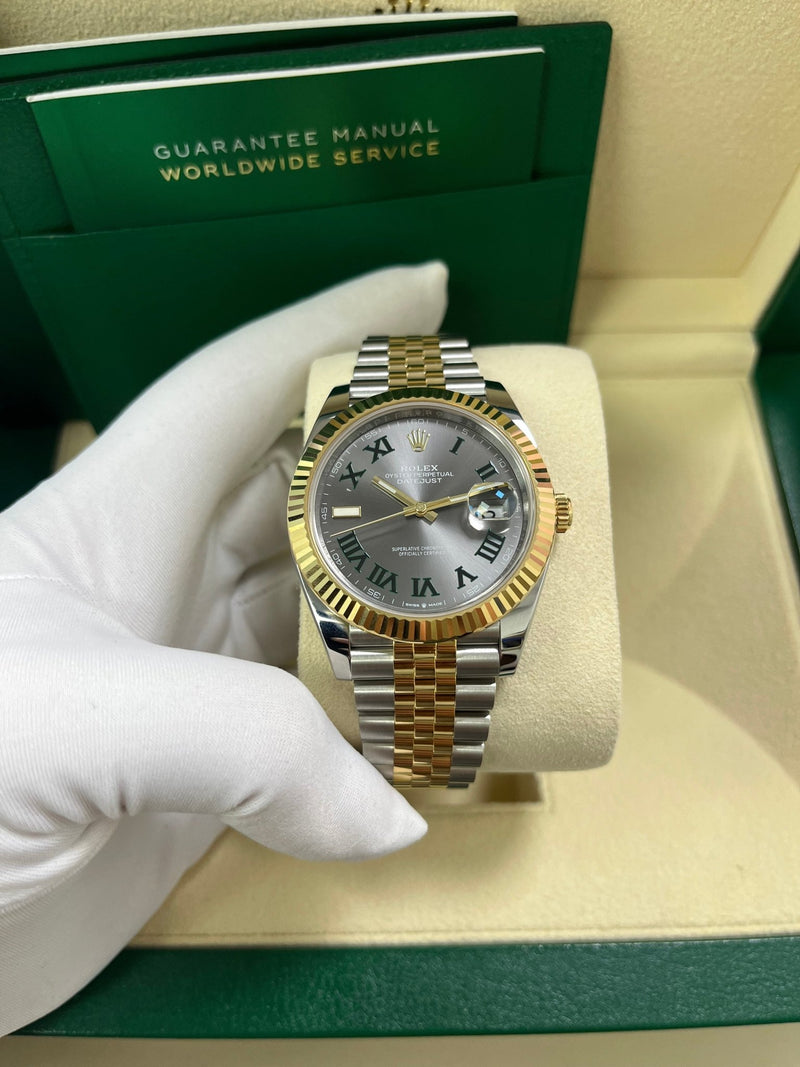 Rolex Datejust 41 Two-Tone Yellow Gold & Stainless Steel - Grey Slate Roman Wimbledon Dial - Fluted Bezel - Jubilee Bracelet (Ref# 126333) - WatchesOff5thWatch