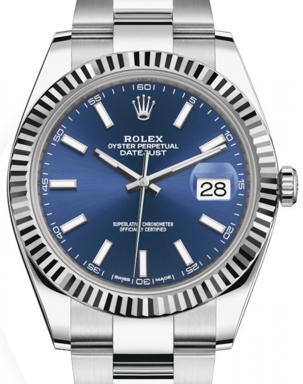 Rolex Datejust 41 White Gold and Steel Blue Index Oyster Fluted Bezel (Ref#126334) - WatchesOff5thWatch