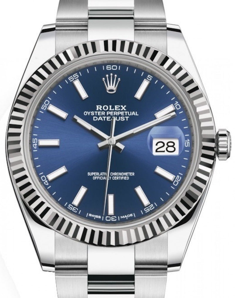 Rolex Datejust White and Steel Blue Index Oyster Fluted Bezel – WatchesOff5th