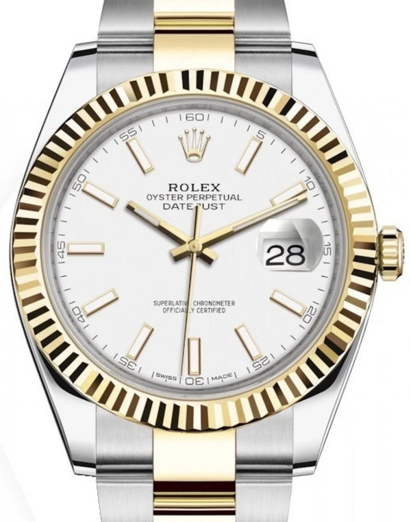Rolex Datejust 41 Yellow Gold & Steel Fluted Bezel White Index Dial Oyster (Ref # 126333) - WatchesOff5thWatch