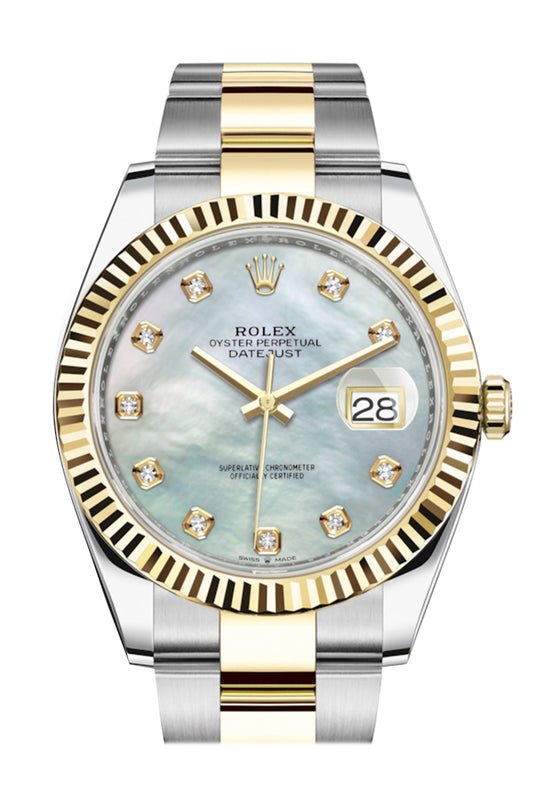 Rolex Datejust 41 Yellow Gold & Steel Fluted Bezel White Mother Of Pearl Diamond Dial Oyster (Ref # 126333) - WatchesOff5thWatch