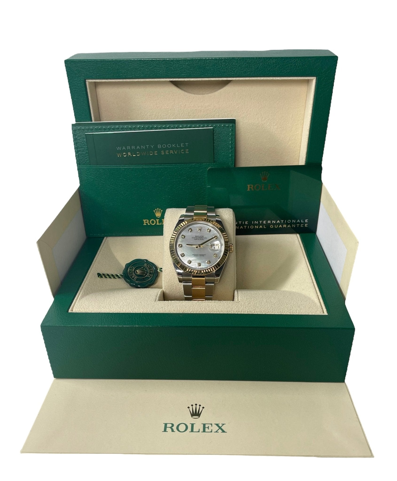 Rolex Datejust 41 Yellow Gold & Steel Fluted Bezel White Mother Of Pearl Diamond Dial Oyster (Ref # 126333) - WatchesOff5thWatch