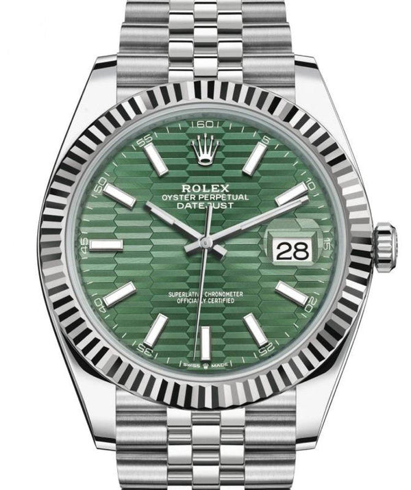 Rolex Datejust 41mm White Gold/Steel Mint Green Fluted Motif Index Fluted Bezel Jubilee Reference #126334 - WatchesOff5thWatch