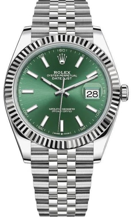 Personligt i mellemtiden Meddele Rolex Datejust Oyster 41 mm Oystersteel Mint Green Dial Fluted Bezel J –  WatchesOff5th