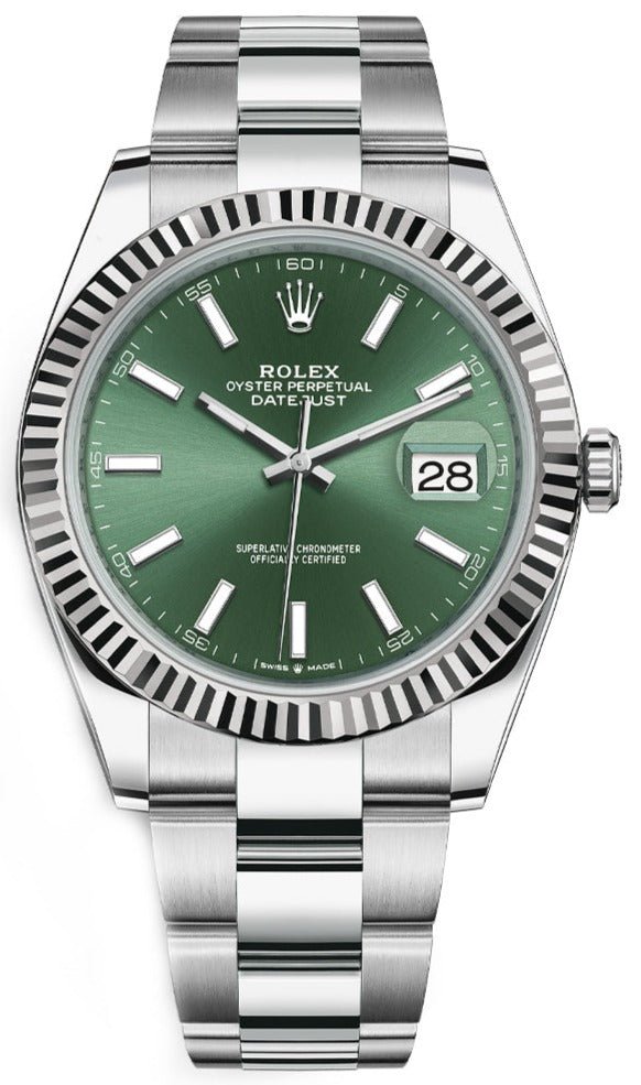 Rolex Datejust Oyster 41 mm Oystersteel Mint Green Dial Fluted Bezel OysterBracelet (Reference # 126334) - WatchesOff5th