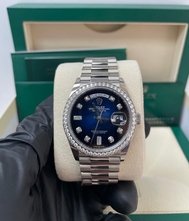 Rolex Day-Date 36/ Blue Ombre Dial/ Diamond Bezel/ White Gold President Bracelet (Ref # 128349RBR) - WatchesOff5thWatch