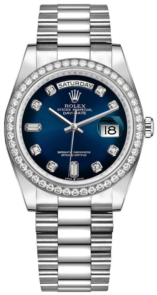 Rolex Day-Date 36/ Blue Ombre Dial/ Diamond Bezel/ White Gold President Bracelet (Ref # 128349RBR) - WatchesOff5thWatch