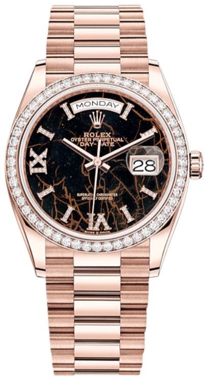 Rolex Day-Date 36 Rose Gold Diamond Bezel Eisenkiesel Diamond Dial (128345RBR) - WatchesOff5thWatch