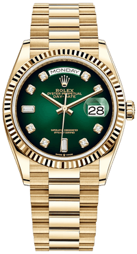 Thumbnail for Rolex Day-Date 36 Watch Fluted Bezel Green Ombre´ Diamond Dial President Bracelet (Ref# 128238) - WatchesOff5th