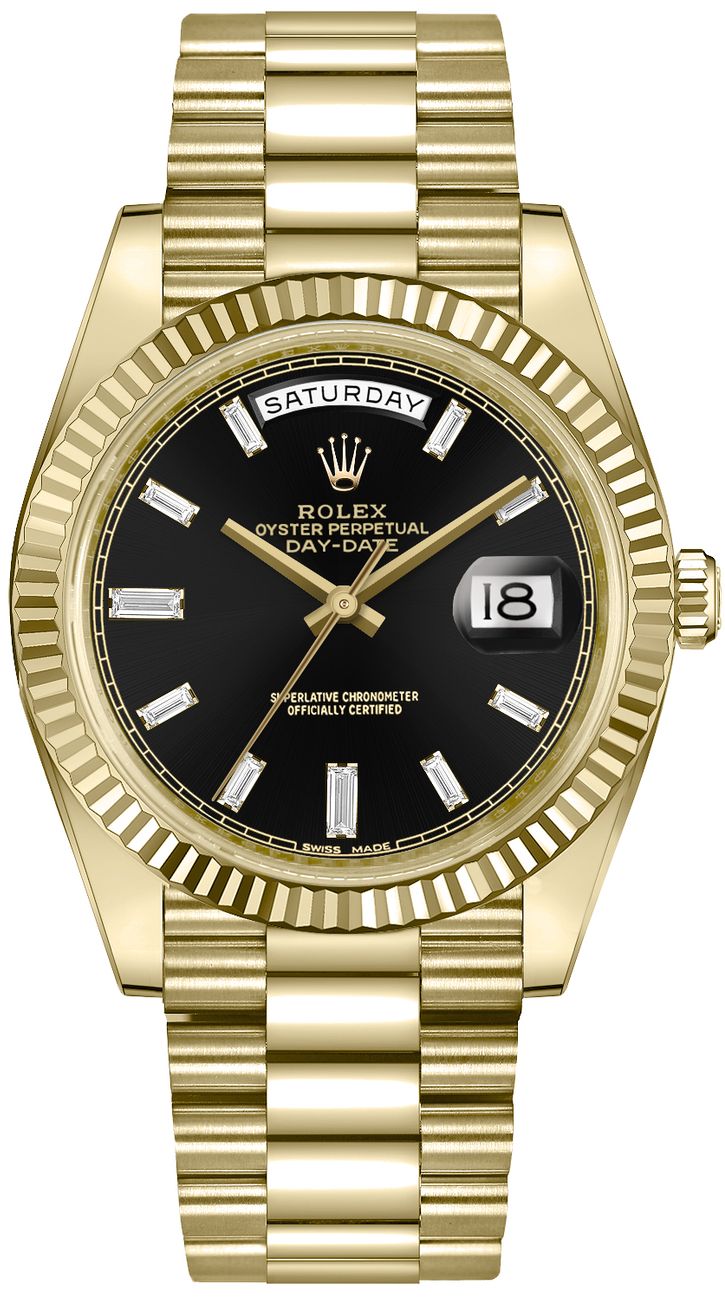 Rolex Day Date 40 18k Yellow Gold Baguette Diamond Dial Fluted Bez WatchesOff5th