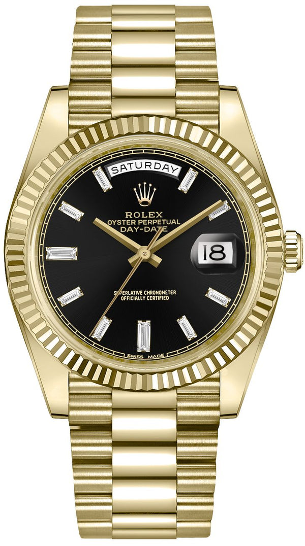 Rolex Day-Date 40 18k Yellow Gold - Baguette Diamond Dial - Fluted Bezel (Ref# 228238) - WatchesOff5thWatch