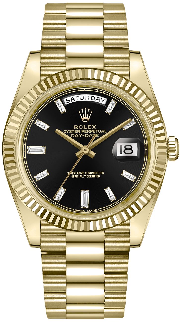 Rolex Day-Date 40 18k Yellow Gold - Baguette Diamond Dial - Fluted Bezel (Ref# 228238) - WatchesOff5thWatch