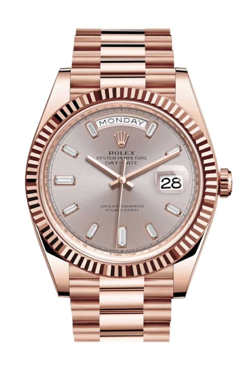 Rolex Day-Date 40 Fluted Bezel Sundust Baguette Diamond Dial President Bracelet 228235 - WatchesOff5th