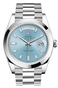 Thumbnail for Rolex Day-Date 40 Ice Blue Baguette Diamond Dial Dial Dome Bezel Platinum President Automatic Men's Watch (Reference # 228206) - WatchesOff5thWatch