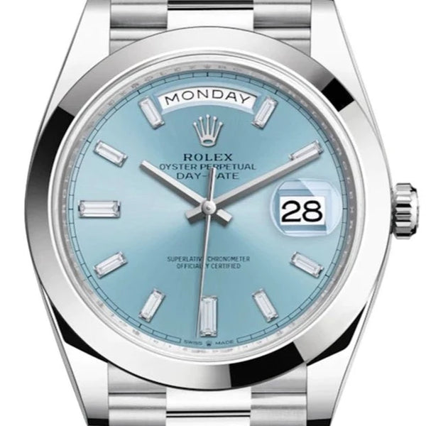 Rolex Day-Date 40 Ice Blue Baguette Diamond Dial Watch