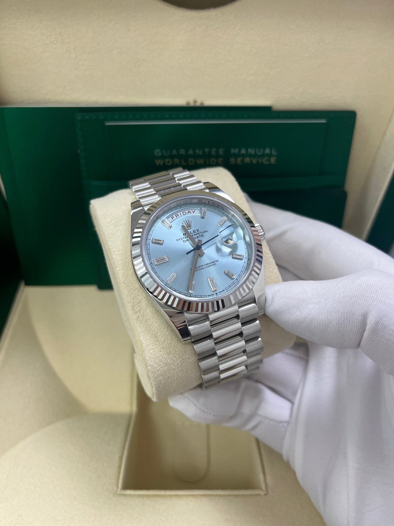 Rolex Day-Date 40 Platinum Day-Date 40 Watch - Fluted Bezel - Ice Blue Baguette Dial 228236 - WatchesOff5thWatch