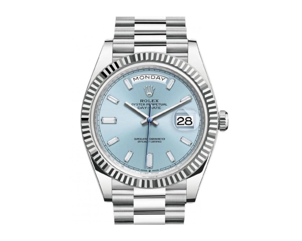 Rolex Day-Date 40 Platinum Day-Date 40 Watch - Fluted Bezel - Ice Blue Baguette Dial 228236 - WatchesOff5thWatch