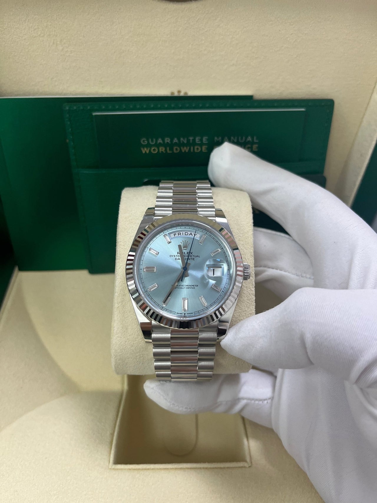 Rolex Day-Date 40 Platinum Day-Date 40 Watch - Fluted Bezel - Ice Blue Baguette Dial 228236 - WatchesOff5thWatch