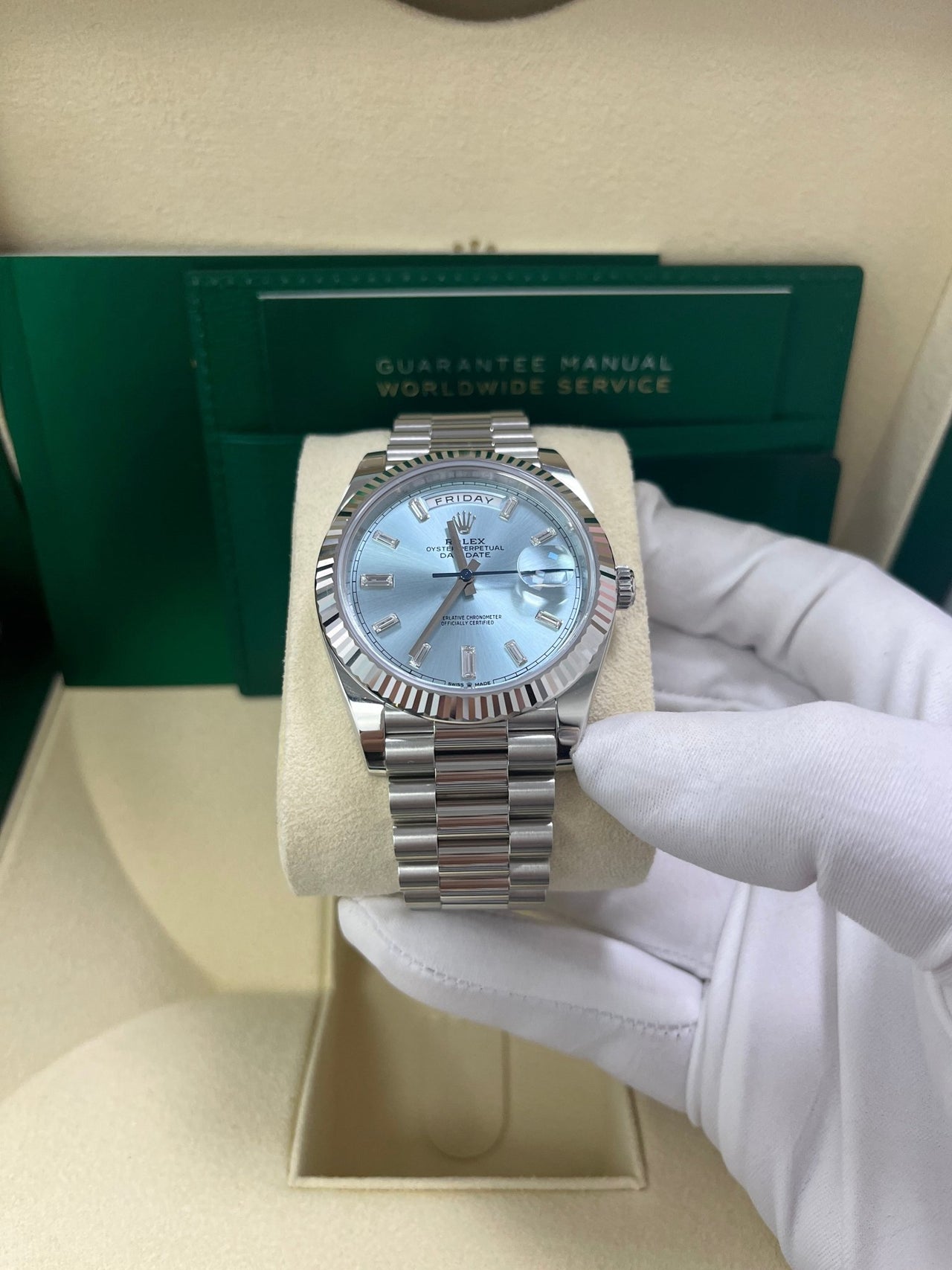 Rolex Day-Date 40 Platinum Day-Date 40 Watch - Fluted Bezel - Ice Blue Baguette Dial 228236 - WatchesOff5thWatch