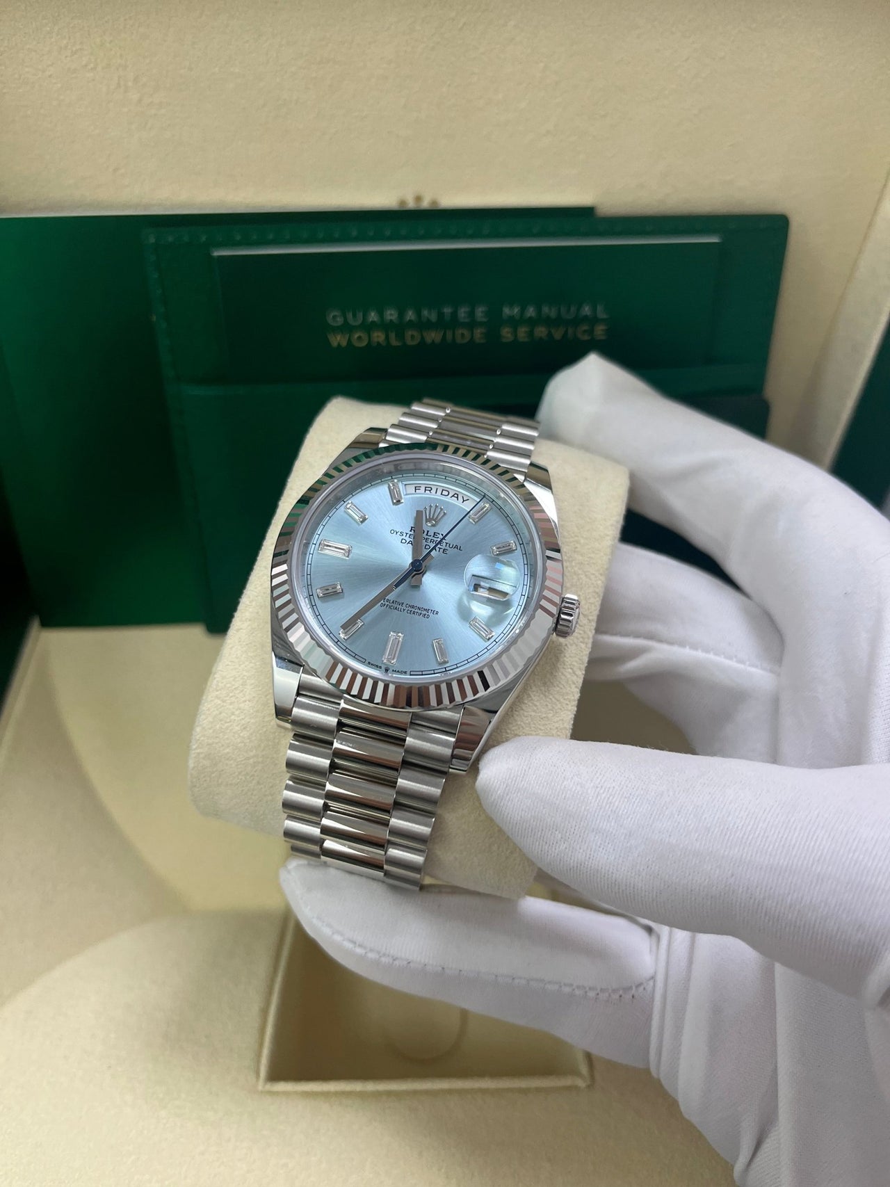 Rolex Day-Date 40 Platinum Day-Date 40 Watch - Fluted Bezel - Ice Blue Baguette Dial 228236 - WatchesOff5thWatch