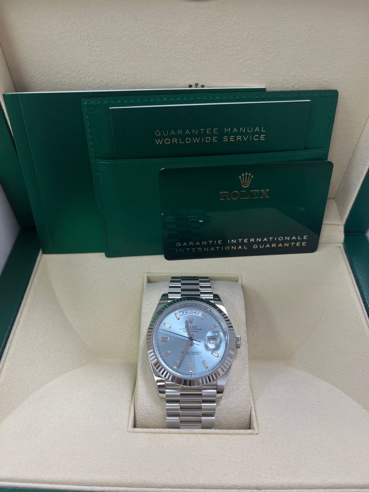 Rolex Day-Date 40 Platinum Day-Date 40 Watch - Fluted Bezel - Ice Blue Baguette Dial 228236 - WatchesOff5thWatch