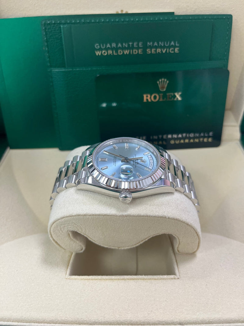 Rolex Day-Date 40 Platinum Day-Date 40 Watch - Fluted Bezel - Ice Blue Baguette Dial 228236 - WatchesOff5thWatch
