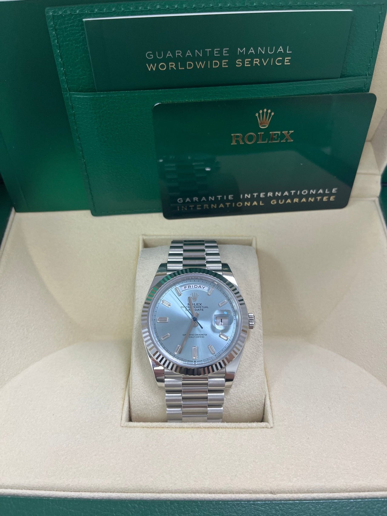 Rolex Day-Date 40 Platinum Day-Date 40 Watch - Fluted Bezel - Ice Blue Baguette Dial 228236 - WatchesOff5thWatch