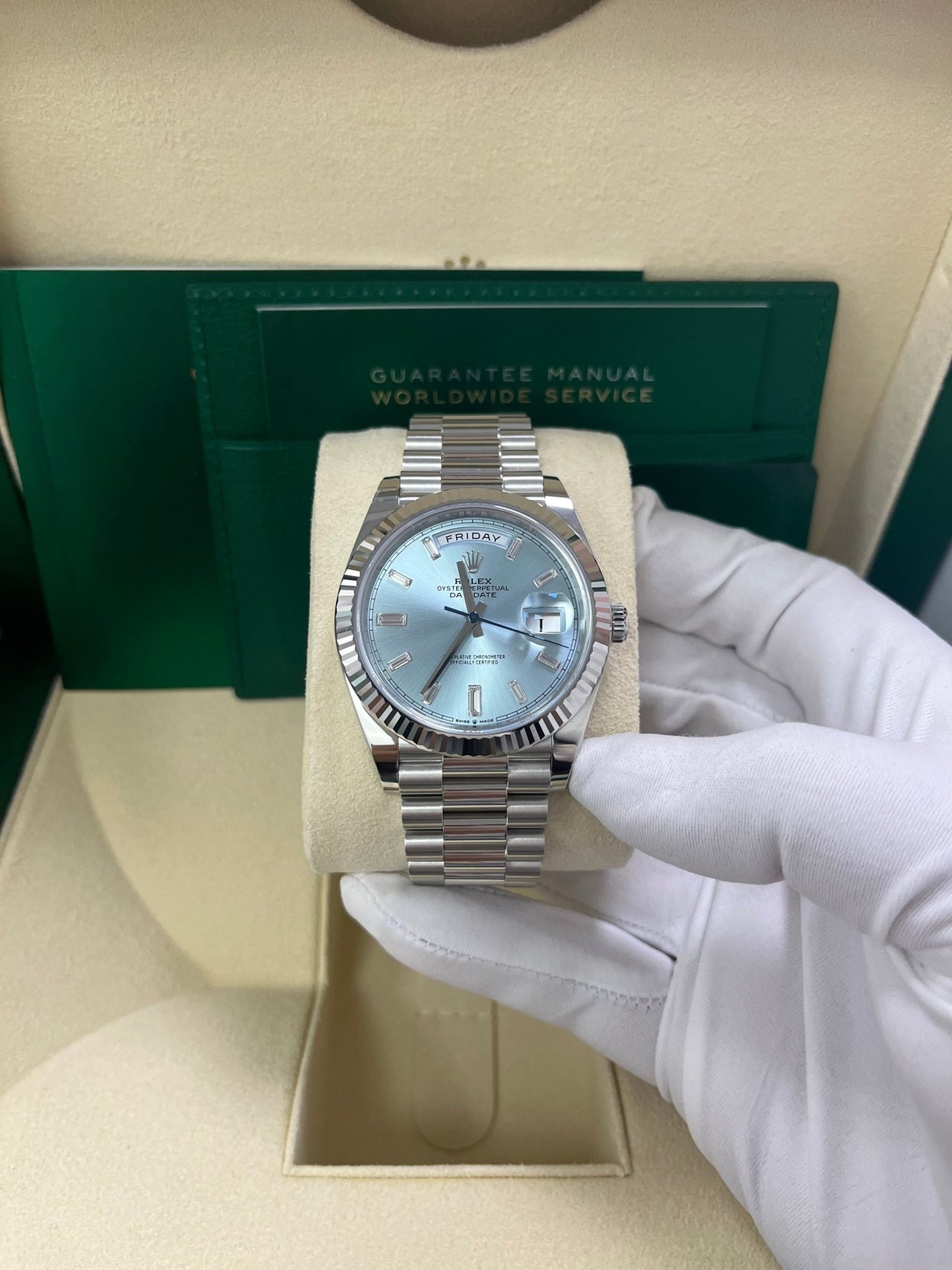 Rolex Day-Date 40 Platinum Day-Date 40 Watch - Fluted Bezel - Ice Blue Baguette Dial 228236 - WatchesOff5thWatch