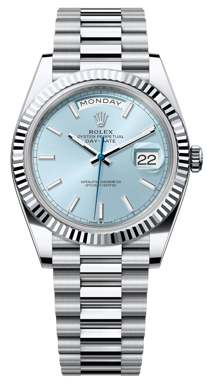 Rolex Day-Date 40 Platinum Day-Date 40 Watch - Fluted Bezel - Ice Blue Index Dial President Bracelet 228236 - WatchesOff5thWatch