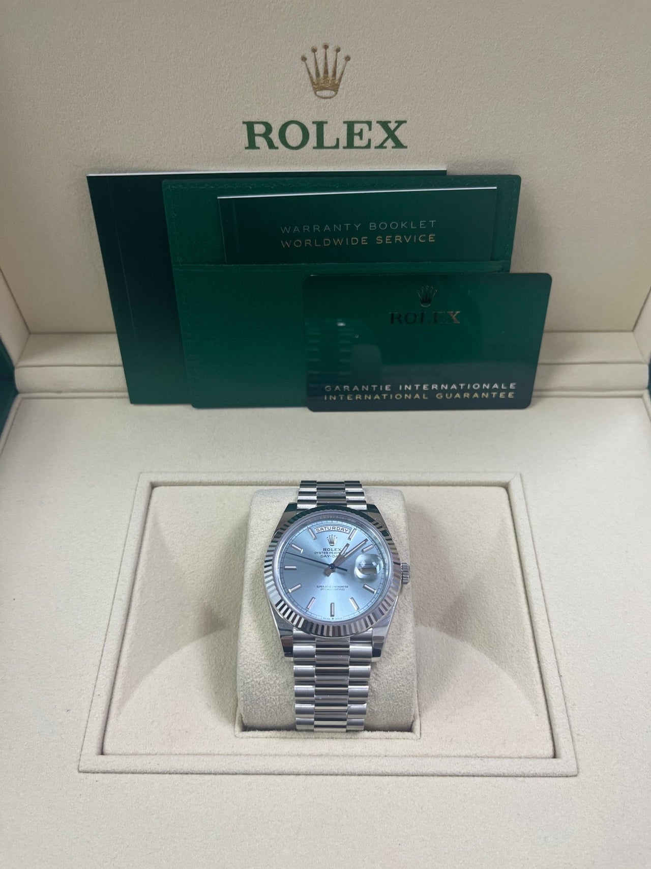 Rolex Day-Date 40 Platinum Day-Date 40 Watch - Fluted Bezel - Ice Blue Index Dial President Bracelet 228236 - WatchesOff5thWatch