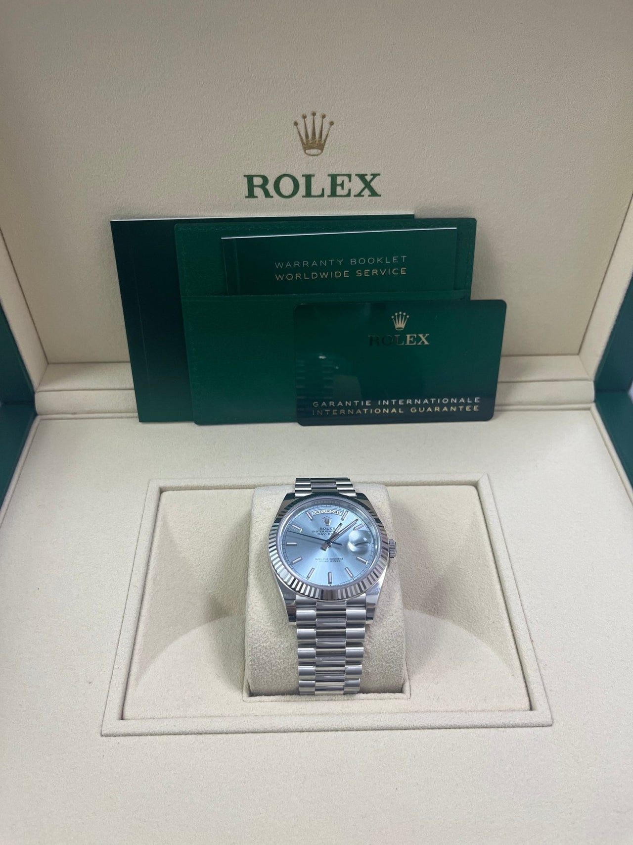 Rolex Day-Date 40 Platinum Day-Date 40 Watch - Fluted Bezel - Ice Blue Index Dial President Bracelet 228236 - WatchesOff5thWatch