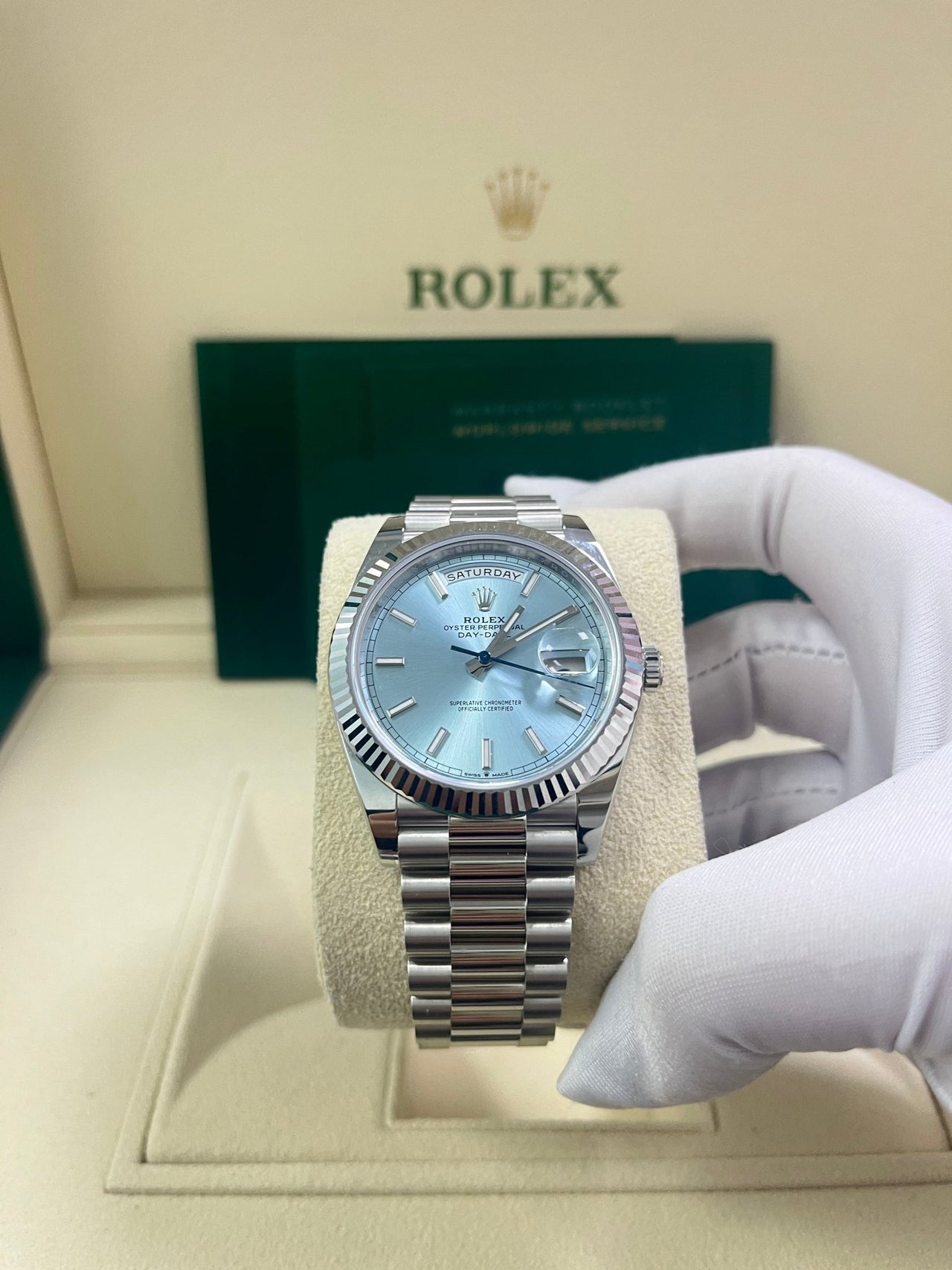 Rolex Day-Date 40 Platinum Day-Date 40 Watch - Fluted Bezel - Ice Blue Index Dial President Bracelet 228236 - WatchesOff5thWatch